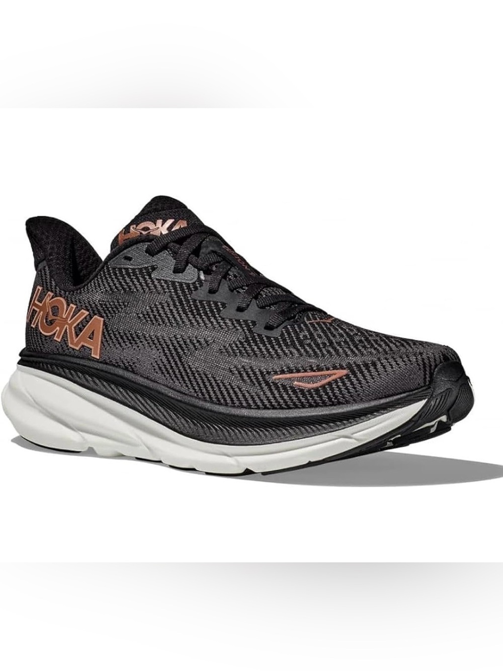 Hoka Black and Rose Gold Clifton Running 
Sneakers Women’s Size: 8B
